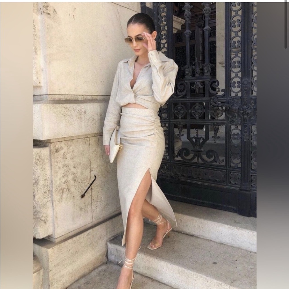 Zara matching linen long sleeve and skirt set.